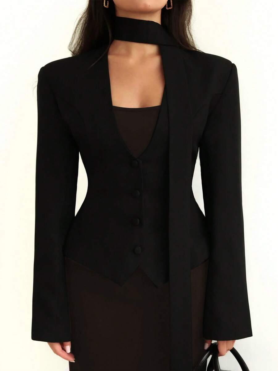 1 Stück Damen Einfarbige Gewebe Knopf Casual Pendler Jacke, geeignet für Büromode im Frühling und Herbst Schwarz - Schwarz - Übersicht 1