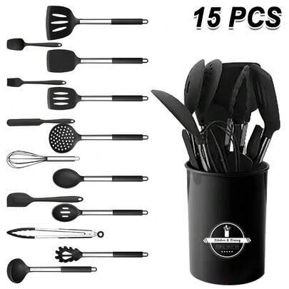 Silicone Kitchenware Set,15pcs Kitchen Utensils Set, Kitchen Cooking Utensils Set, Heat Resistant 15pcs Non Stick  Silicone And Wooden Handles, Kitchen Tools Set,Kitchen Accessaries,Christmas Gifts(Black/Grey)