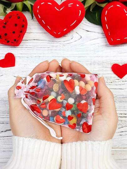 1/5/10pcs/Set Red Heart Ogen Drawstring Bags, Valentine's Day Surprise Gift Mesh Bags, New Year Candy Bags, Wedding Candy Bags, Jewelry Storage Bags, Candy Gift Mesh Drawstring Gift Bags, Suitable For Valentine's Day Gifts, Weddings, Romantic Surprises