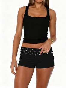 Studded Foldover Shorts For Women Rivet Low Rise Mini Lounge Sleep Pj Micro Shorts Comfy Fold Over Shorts Bottoms - Black - View 3