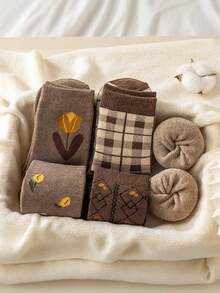5 Pairs Of Tulip Patterned Socks, Thickened With Velvet, Suitable For Autumn And Winter, Sleeping At Home, Going Out, And Sports Youth (18-40 Years Old) - Multicolor - View 12