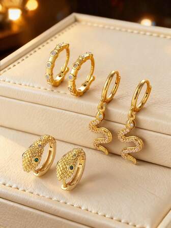 1 paire de boucles d'oreilles créoles élégantes en cuivre plaqué or 18 carats avec zirconium artificiel en forme de serpent, convenant pour un port quotidien pour femmes, cadeau pour les amis, les fêtes et les anniversaires