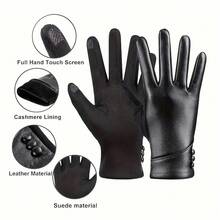 Women's Autumn Winter Fashion Genuine Leather Touchscreen Gloves, Fashionable Women's Gloves With Fleece, Warm, Soft, Casual Outdoor Gloves| Genuine Leather Gloves, Suitable Outdoor Cycling And Driving, Essential Winter Warmth - màu đen - Xem 3