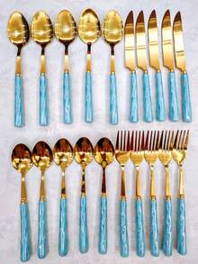 8/20pcs Golden Unique Stainless Steel Tableware, Beautiful Silverware Old-Fashioned Elegant Colorful Ceramic Handle Steak Knife, Dessert Spoon, Fork And Spoon - Multi-Color Creative Tableware Porcelain, Perfect For Daily Dining And Holiday Gatherings