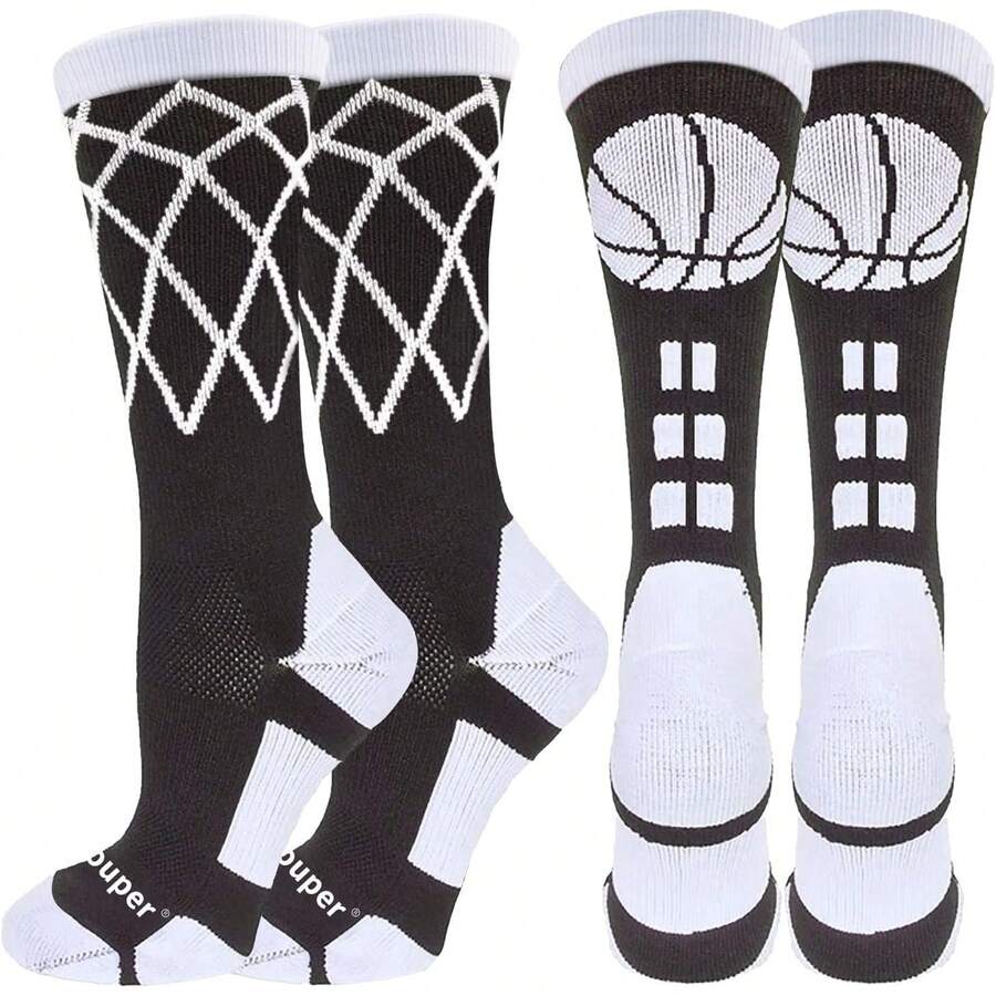 Youper Elite - Calcetines de baloncesto con logotipo y red de baloncesto (2 pares), calcetines deportivos para hombres, niños, mujeres y niñas - Red/Baloncesto Negro Rosa - Ver 1