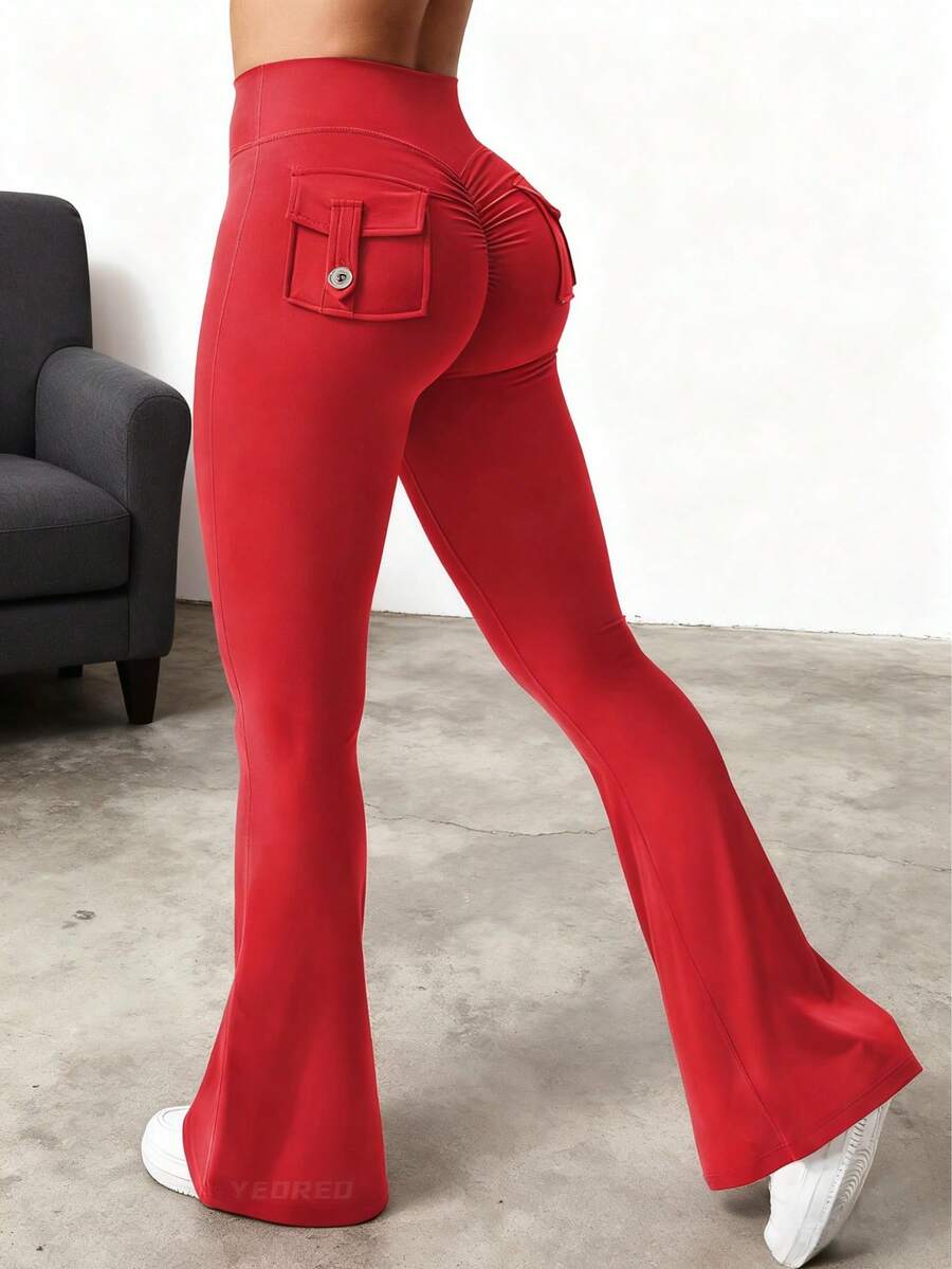 YEOREO Flare Leggings With Pockets For Women Butt Lifting Gym Yoga Leggings Flare Leggings Joggers For Women Summer Pants For Women - 大紅 - 查看 1