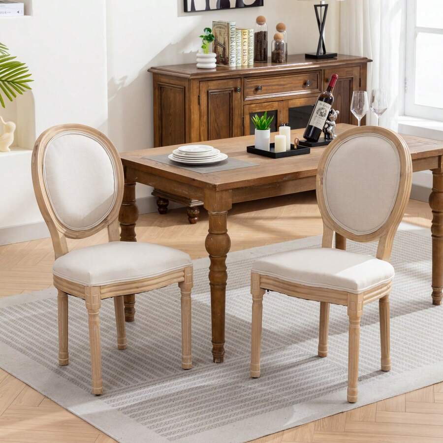 French-Style Dining Chair, Solid Wood Frame With Antique Finish, Linen Fabric Back – Set Of 2, Beige, Reference DE1845BG. Detailed Explanation Of Adaptations. - Beige + Linen - View 1