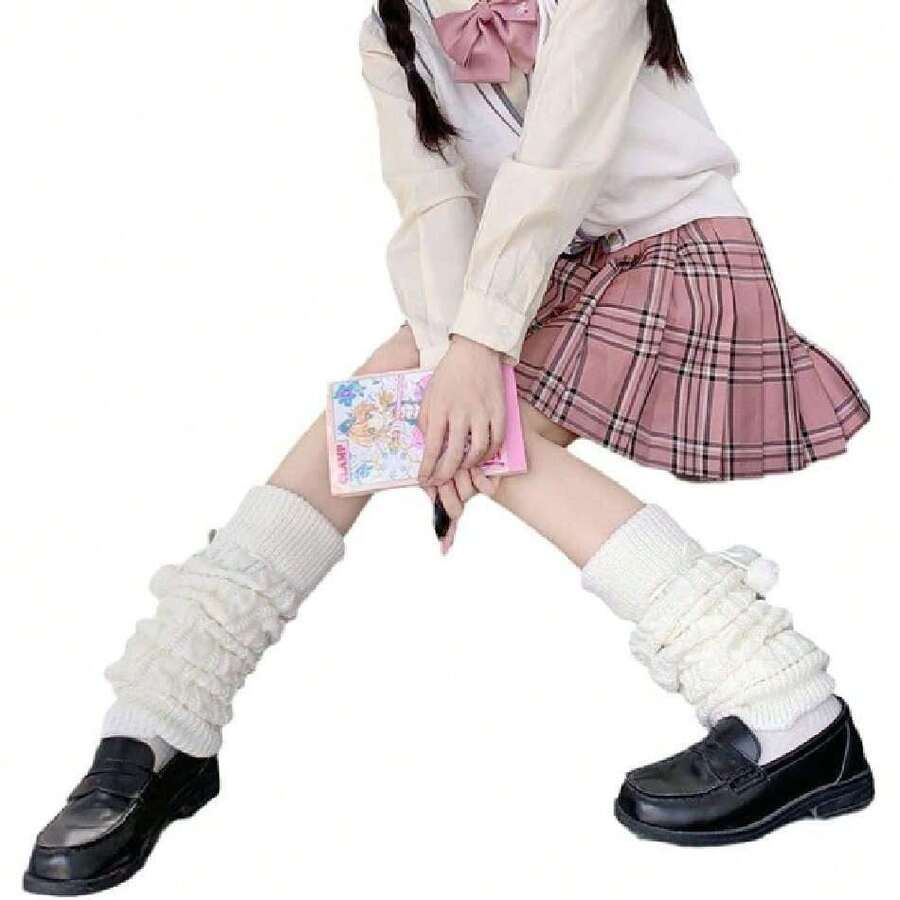Cable Knit Leg Warmers For Girls Women Over-The-Knee Warmers With Pom-Poms Cozy Winter Boot Socks Kawaii,34038622 - trắng - Xem 1