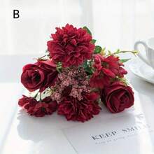 秋季人造牡丹花丝绣球玫瑰花束，人造花卉新娘捧花装饰家居装饰配件情人节花瓶婚礼花束花园玫瑰拱门客厅装饰新年装饰观赏花盆，DIY婚礼捧花，派对餐桌装饰 - 亮橙色 - 查看 5