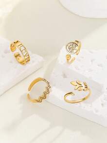 4 件套简约时尚冷谈风景不锈钢镀爱叶开口戒指套装，适合女性日常、节日、派对佩戴或生日、情人节礼物 - 金色 - 查看 5