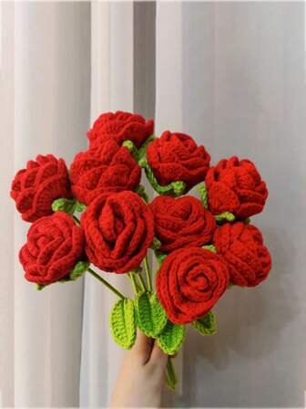 1pc/5pcs/10pcs Handmade Rose Flower Wool Crochet Made For Valentine's Day Gift, Mother's Day Gift, Artificial Flower Bouquet