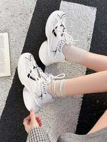 撞色纯色学院风休闲运动鞋，四季皆宜，情侣款，厚底厚底运动鞋，皮革与网布拼接，白色透气百搭时尚网布鞋，户外运动跑步鞋 - 白色 - 查看 4