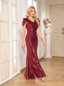 CEILIM 1pc Elegant Sparkling Polyester Backless Sequin Patchwork High Slit Maxi Dress, Suitable For Party, Wedding, Cocktail, Holiday, All Seasons Spring - Burgundy - View 7