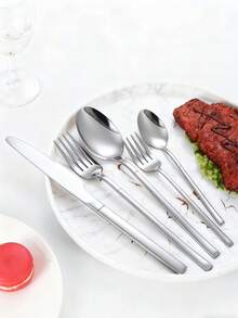 4/16/24件套不锈钢骑士牛排刀叉勺餐具套装，适合家庭聚会、酒店、派对、餐厅、婚礼、礼品 - 銀色 - 查看 3
