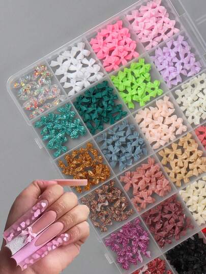 1 Box Assorted Color Ribbon Decorations, Suitable For Spring/Summer, Petite Bow Design For Nail Art Decoration, Japanese Style DIY Mini Bow Nail Accessories, Multicolor Random Mix Nail Art Supplies Charms