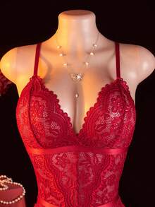 New Sexy Lingerie Set For Women, Triangle Cup Adjustable Criss-Cross Strap Single-Row Snap Backless Bodysuit, Semi-Sheer Lace Crotchless Bodystocking With Adjustable Waist Belt And Leg Garters - Burgundy - View 4