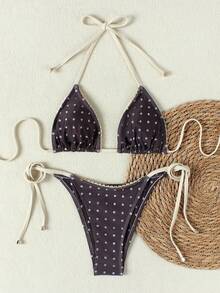 2026 Spring/Summer Women's Brown Polka Dot Lace Triangle Cup Bikini, High Slit Sexy Swimsuit, Suitable For Beach Vacation And Summer Outing - Multicolor - View 2