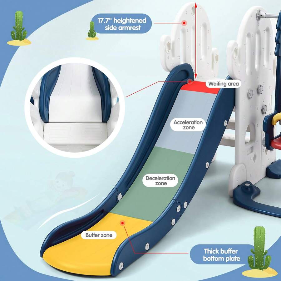 Tobogán y columpio 7 en 1 para niños pequeños de 1 a 3 años, para interior y exterior, con columpio ajustable, aro de baloncesto, fútbol, ​​golf y lanzamiento de aros, color azul. - Azul - Ver 1