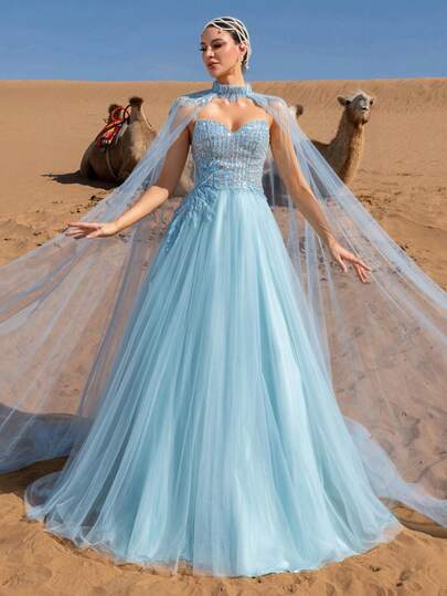 Faeriesty Conjunto de vestido de noche de línea A con falda larga y chal transparente con cuello alto y cuentas - Corpiño ajustado, falda fluida hasta el suelo, chal transparente con acento en los hombros - Ideal para bodas, celebraciones culturales, galas formales y eventos de alfombra roja