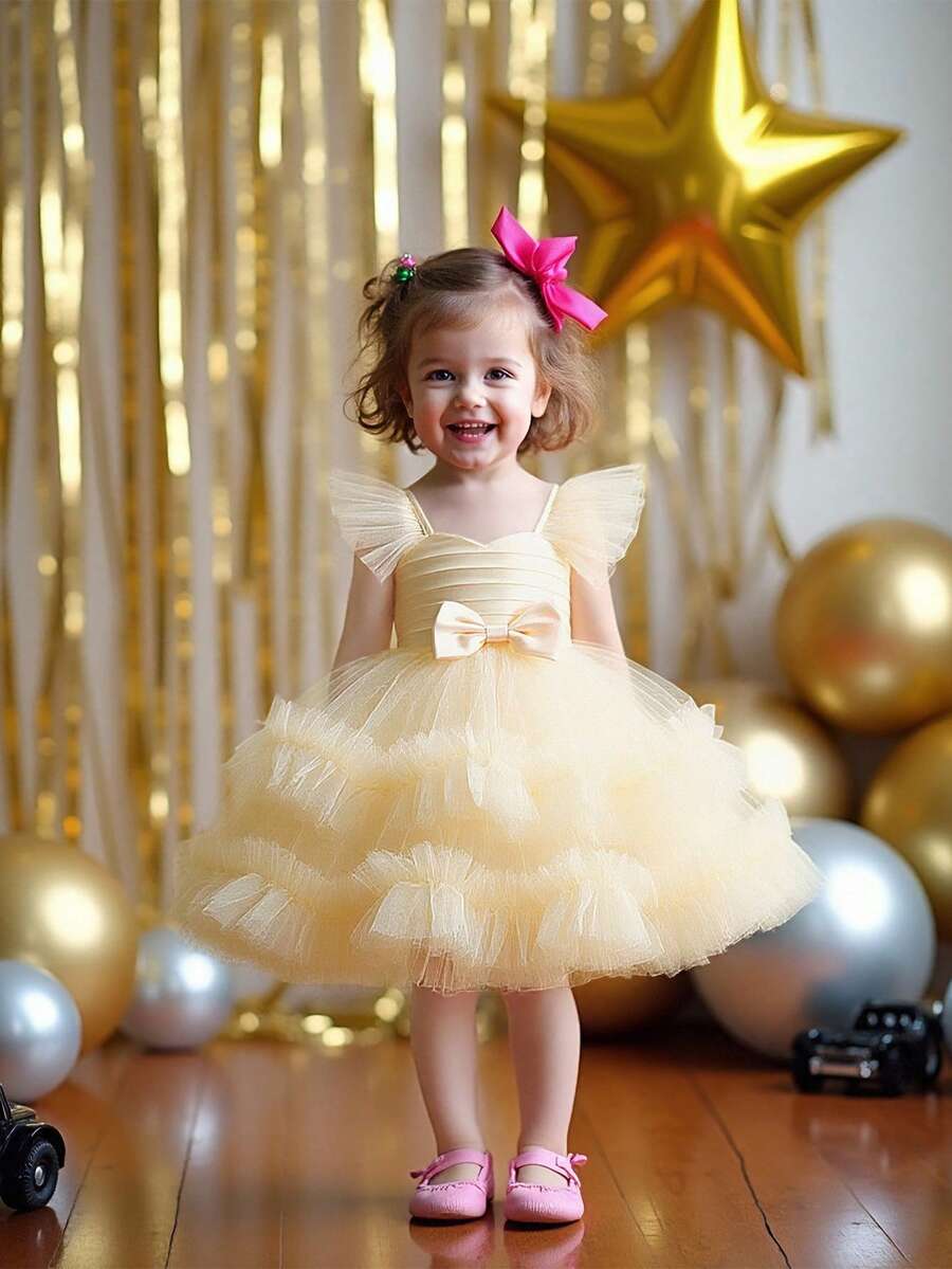 Baby Girls V-Neck Bow Ruffle Mesh Cute Wedding Dress, Suitable For Birthday Party, Excluding Headband - Champagne - View 1
