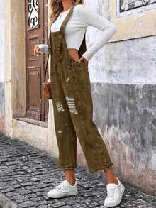 Recasual Women's Shoulder Strap Jeans, Solid Color Denim Pants, Mid Waist Slightly Elastic, Slim Fit And Slimming, Suitable For All Seasons, Paired With Distressed Craftsmanship, Fashionable And Youthful, Suitable For Back To School Season, Retro, Rebellious Girls, Sweet Girls, Street, Work, Travel, Daily Leisure, Datingclothing, Comfortable Women's Autumn And Winter Clothingchristmas Outfit Women, Y2k Clothes, Tall Birthday Outfits For Women Going Out - 卡其色 - 查看 3