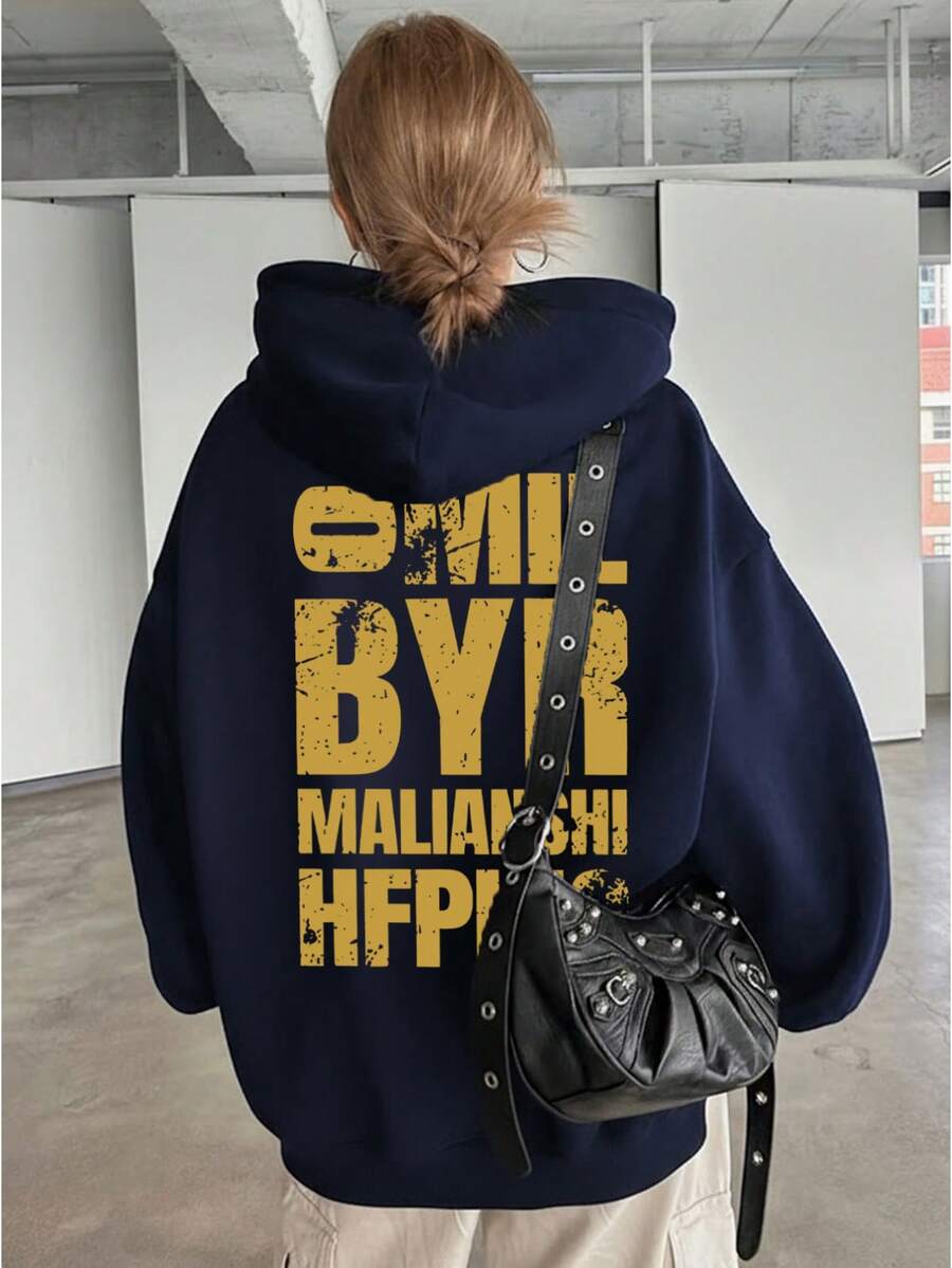 Casual Loose Fit Round Neck Sweatshirt For Women, Slouchy, Versatile, Letter & Cartoon Print, Autumn/Winter - Dark Blue - View 1