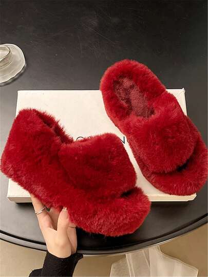 女士时尚厚底毛绒拖鞋，适合室内外穿着，大码，新年穿搭