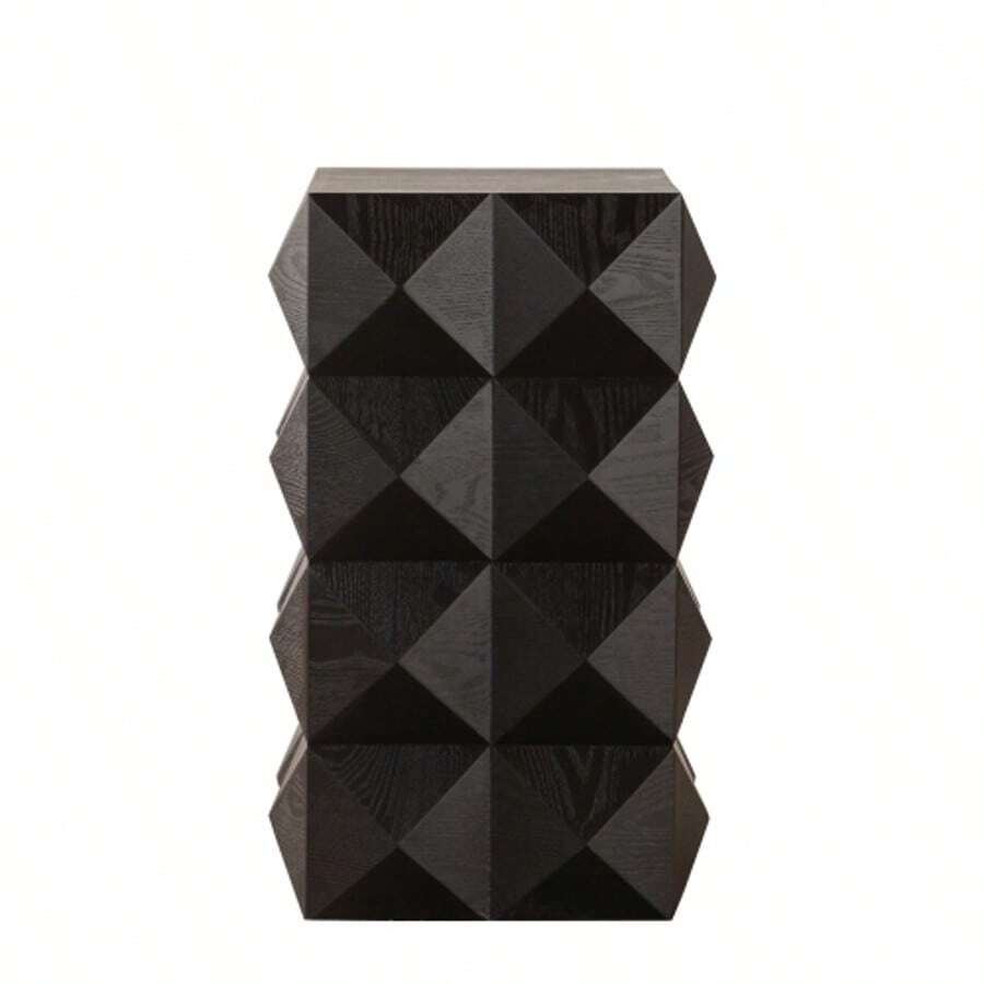 Retro Black Wooden Side Table With A Three-Dimensional Embossed Pattern Design, 60 Cm High. No Assembly Required. - 黑色 - 查看 1
