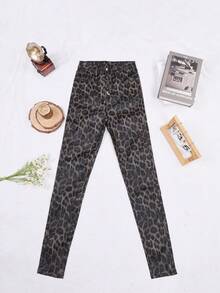 Yuwenier Rave Solid Color High Waist Button Fly PU Leather Stretchy Skinny Pants Casual Trousers Music Festival Party Outfits - Multicolor - View 6