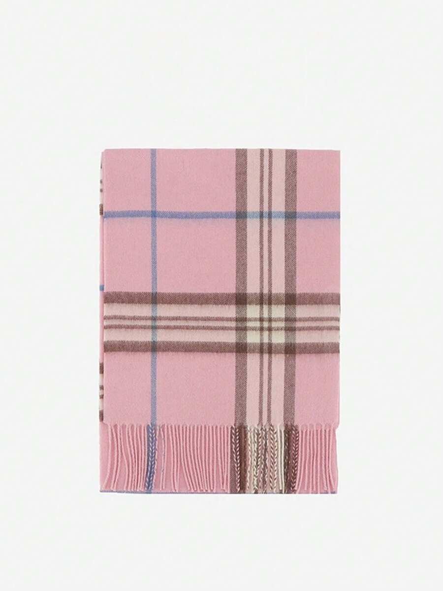 Classic Check Wool Scarf - Comfortable, Warm, Fringe Decoration - Pink - View 1