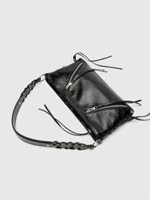 Style inspiré de la moto, ornements zippés, sac fourre-tout tressé, fermeture éclair, sac à épaule décontracté pour femmes, convient pour les vacances, les déplacements, les courses, etc. - Noir - Voir 5