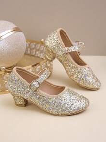 1 par de zapatos de tacón alto pequeños y elegantes con diseño de y lentejuelas de colores para niñas - Zapatos de baile - Zapatos de princesa - Zapatos de banquete, aptos para uso durante todo el año, gran regalo para cumpleaños y festividades de los niños