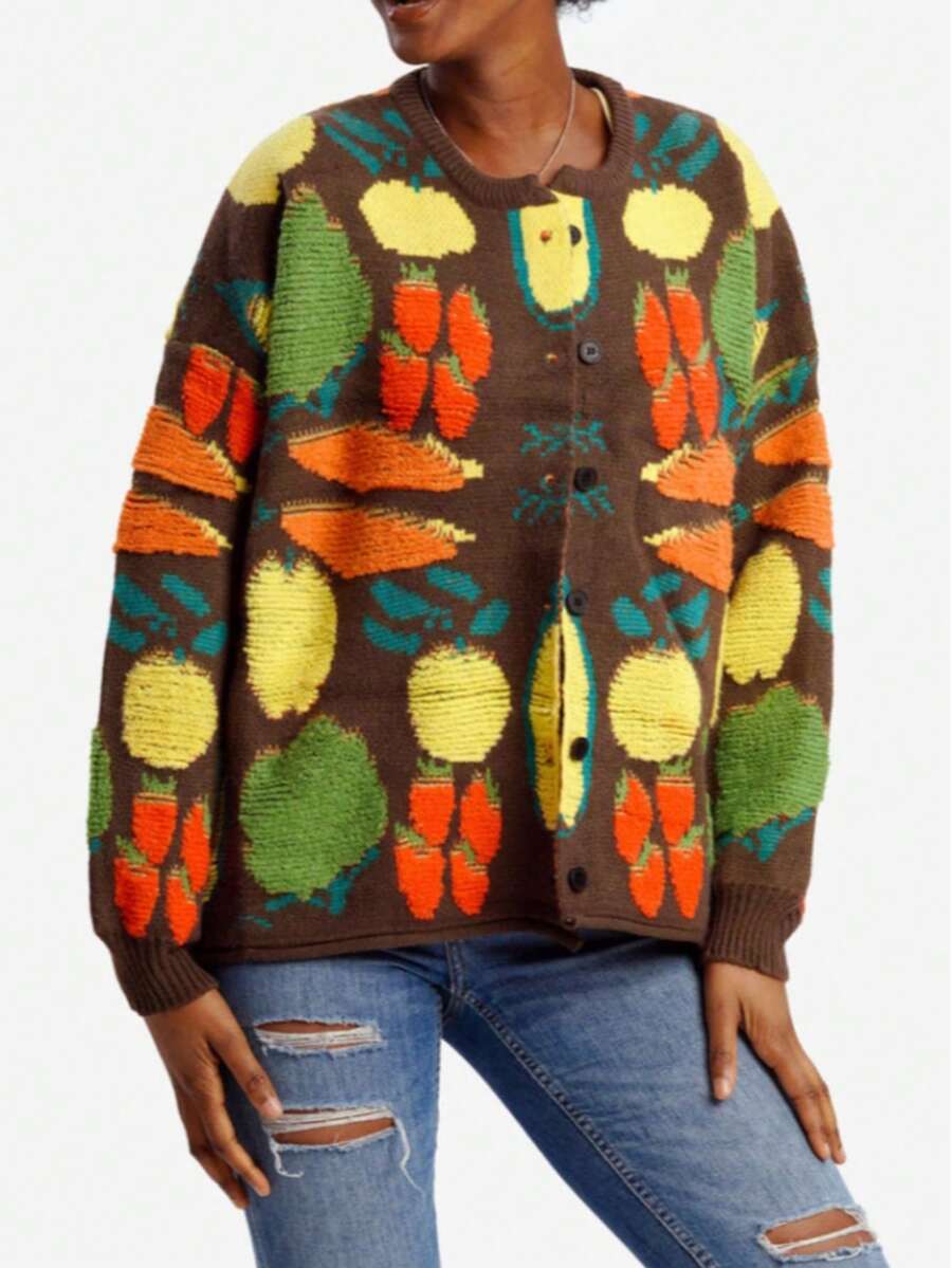 Women's Autumn Playful Fruit Pattern Knit Cardigan - Fashion-Forward Oversized "Harvest" Button-Up Sweater - Stylish Colorful Strawberry & Apple Print Outerwear - cà phê - Xem 1