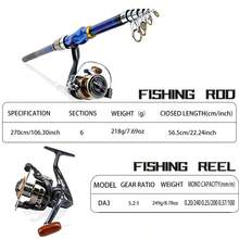 伸缩式玻璃纤维钓竿和渔线轮组合套装 - 纺车轮 + 全套钓具（鱼饵、鱼钩、鱼线），适用于淡水和海水垂钓 - 藍色 - 查看 5