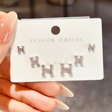 6pcs Elegant Rhinestone Letter H Stud Earrings, Fashionable Luxury Style Versatile Earrings, Best Gift For Girlfriend, Bestie
