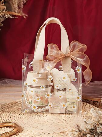 5/1 Stück Geschenktasche Set mit elegantem wasserdichtem Beutel und Gänseblümchen Muster Schleife - modische und tragbare Hochzeitsgeschenktasche, kleine Gänseblümchen Muster PVC transparente Tragetasche, geeignet für Weihnachtsgeschenke, Hochzeiten und andere Anlässe