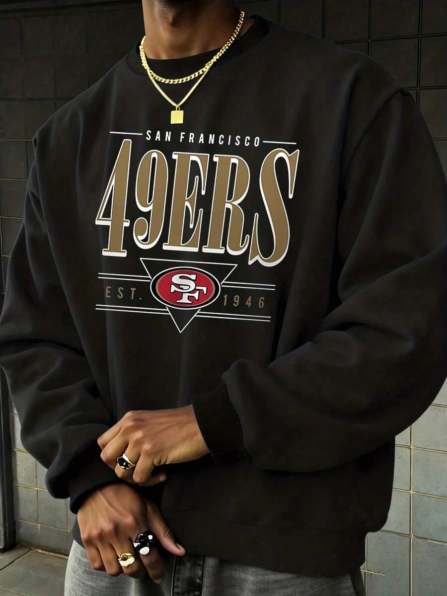 Men's San Francisco 49ers Sweatshirts Hoodies Crewneck Casual Tops Comfy Fall Fashion Outfits Winter Clothes - 黑色 - 查看 1
