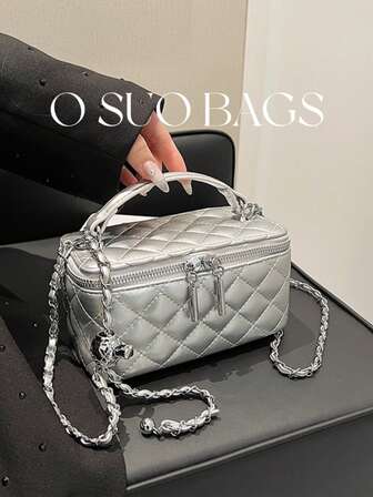 1 st. trendig PU-quiltad diamantbroderiväska, mångsidig liten fyrkantig väska med dragkedja, handväska för kvinnor med kedjerem