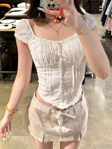 Women's Y2K Fairycore Shirt Top Vintage Cap Sleeve Tie Front Square Neck Button Down Ruffle T Shirts Crop Tops Solid Color Slim Fit Frill Tees Summer Blouses Casual Going Out Tops Aesthetic Clothes Party Club Streetwear - 白色 - 查看 4