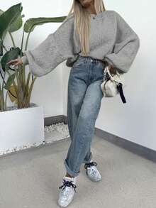 女士春秋季针织圆领长袖毛衣，纯色百搭休闲风，适合返校季、通勤、日常穿着，舒适柔软，米黄色系，少女温柔风格，易于搭配，简约毛衣款式 - 灰色 - 查看 7