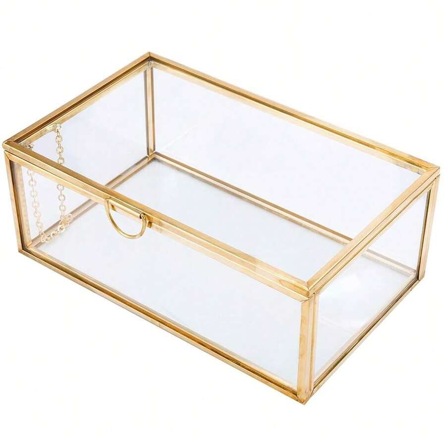 HighFree Vintage Glass Box With Lid - Clear Jewelry Glass Display Box Keepsake Box - Home Decor Decorative Box For Trinket Rings Bracelet (Gold, X-Small),X-Small,Gold - Vàng - Xem 1