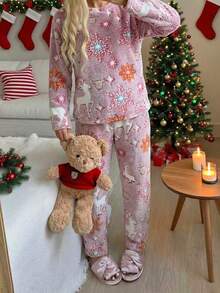 Setelan 2pcs Wanita Motif Natal: Sweatshirt & Celana, Bahan Fleece Hangat dengan Motif Cetak Seluruh Permukaan, Warna Merah, Nyaman & Romantis untuk Musim Gugur/Dingin - Merah - View 3