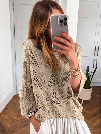 Women's Camel Hollow-Out Knitted Sweater, Round Neck, 3/4 Sleeve, Loose Fit, Solid Color, Breathable Crochet Design, Casual Top For Spring & Autumn, Fashion Minimalist Style, Slimming & Flattering, Suitable For Commuting, Dating, Daily Wear, Elegant Lady Vibe, Fine Knitting Craftsmanship, Comfortable & Breathable, , Design Showcases Feminine Charm