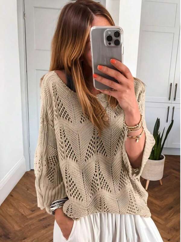 Women's Camel Hollow-Out Knitted Sweater, Round Neck, 3/4 Sleeve, Loose Fit, Solid Color, Breathable Crochet Design, Casual Top For Spring & Autumn, Fashion Minimalist Style, Slimming & Flattering, Suitable For Commuting, Dating, Daily Wear, Elegant Lady Vibe, Fine Knitting Craftsmanship, Comfortable & Breathable, , Design Showcases Feminine Charm
