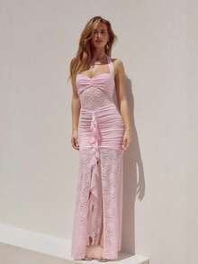 Vestido de encaje elegante y sexy con corbata al cuello, vestido de fiesta, vestido de novia de encaje - Rosa - Ver 9