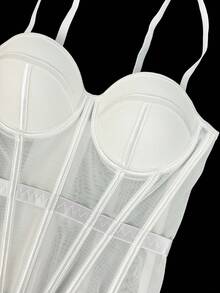 Women's Solid Color Corset-Style Brown Backless Mesh Camisole With Bra, Autumn/Winter Lingerie Casual White Summer - White - View 2