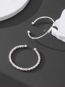 1 Set Of 2 Elegant Silver Geometric Bangle Bracelets, Versatile Women Silver Jewelry - Silver - View 4