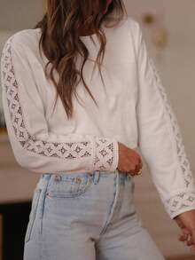 Women's Elegant Spring/Summer New T-Shirt, Lace Patchwork Ruffle Trim Solid White Casual Pocket Round Neck Tee - White - View 1