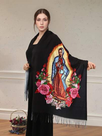 1 pieza Nuevo chal/bufanda de mujer de estilo gráfico de la Virgen María de varios colores, de imitación de cachemira, versátil y de moda para mantener el cuello caliente