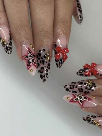 24 uñas postizas de forma de almendra de longitud media, con estampado de leopardo de otoño e invierno, borde francés, lazo rojo, estampado de estrella de cinco puntas, reutilizables y de forma presionada, adecuadas para decoración de uñas diaria, de festival, fiesta y baile de mujeres
